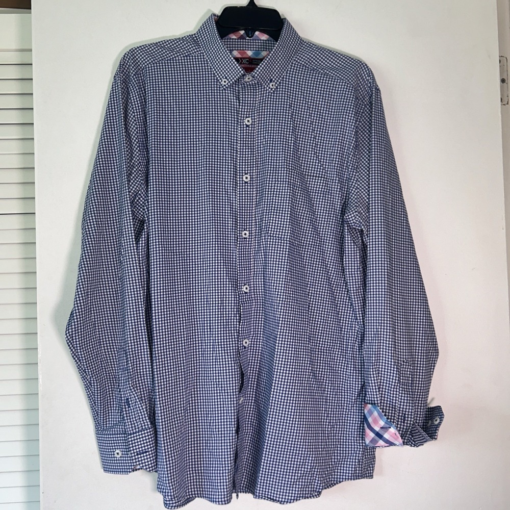 Johnston & Murphy XC4 Mens L Blue Gingham Performance Stretch‎ Button Down Shirt